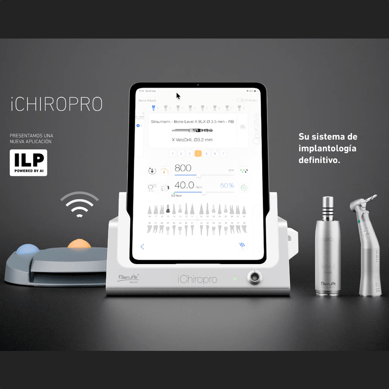 Sistema iChiropro Bien Air con control digital iPad, motor MX-i LED Plus y contra-ángulo CA 20:1L MS. Solución avanzada para implantología. Holydent España.